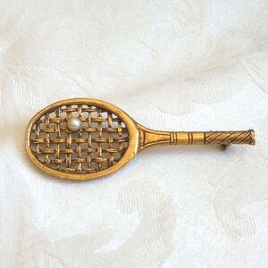 Vintage 3in Brooch Signed Jeanne - Tennis Racket With Pearl